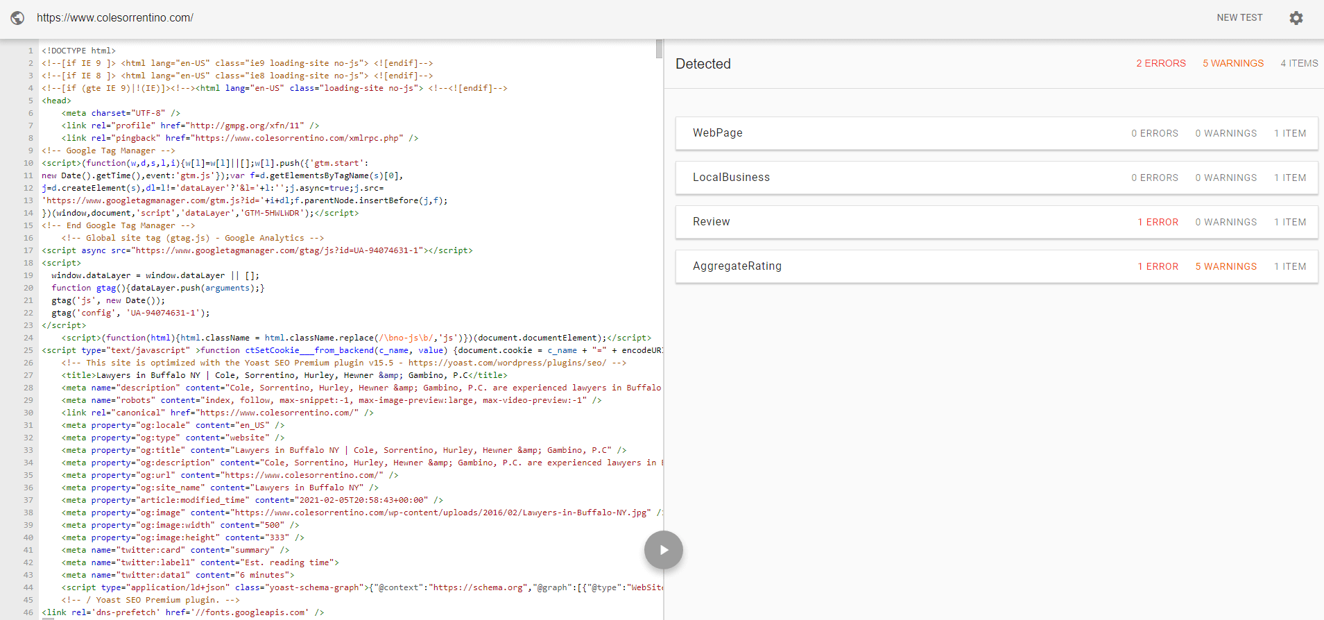 Errors and warnings can be investigated by clicking on an individual item