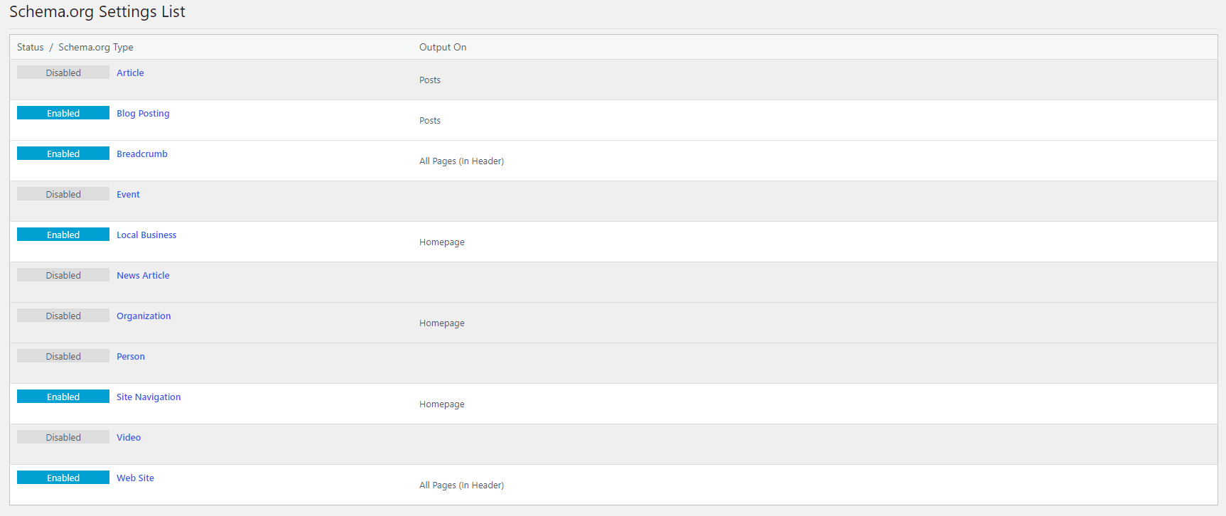 Schema settings list