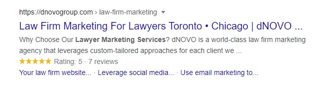 Review schema applied to display a star rating and reviews