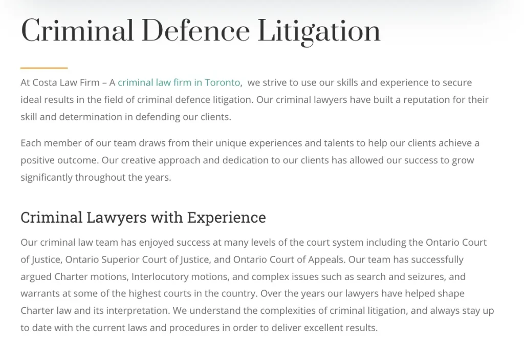 an example of keyword phrase optimization on page for Criminal Defence Attorney SEO