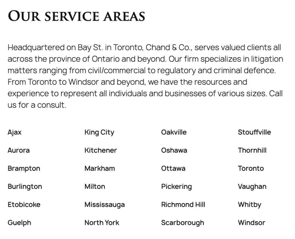 listing service area can help with Local SEO for Criminal Defence Lawyers