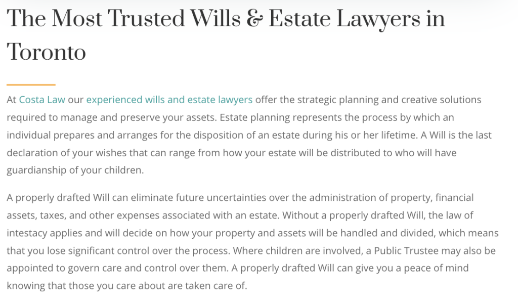 Estate panning SEO: example of content build around keyword