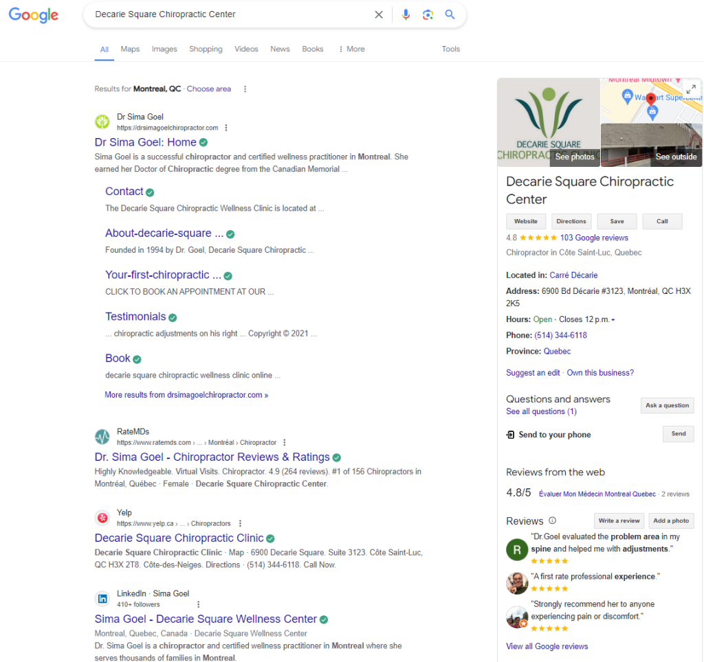 an example of chiropractor Google Business Profile