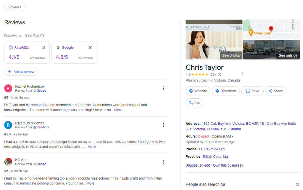 an example of patient reviews of the plastic surgeon and cosmetic surgery practice on the website