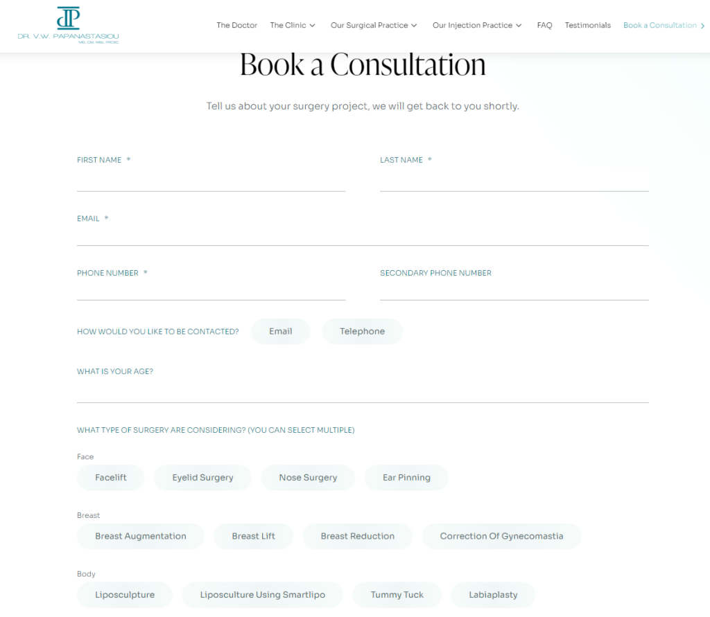 one of the working plastic surgery marketing strategies is to convert visitors into leads with book consultation pages or widgets