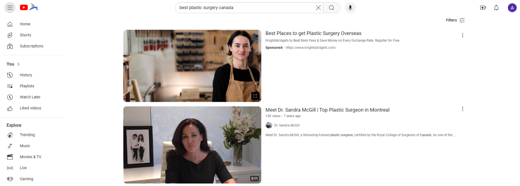 an example of pay per click advertising of plastic surgery abroad in YouTube search