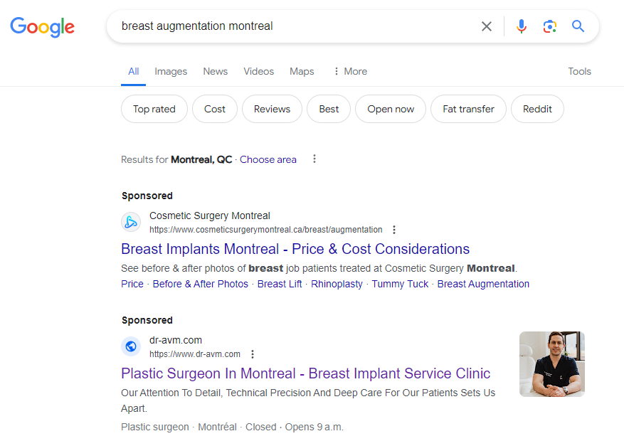 an example of PPC ads of cosmetic surgeons and cosmetic clinics in the top of Google SERP