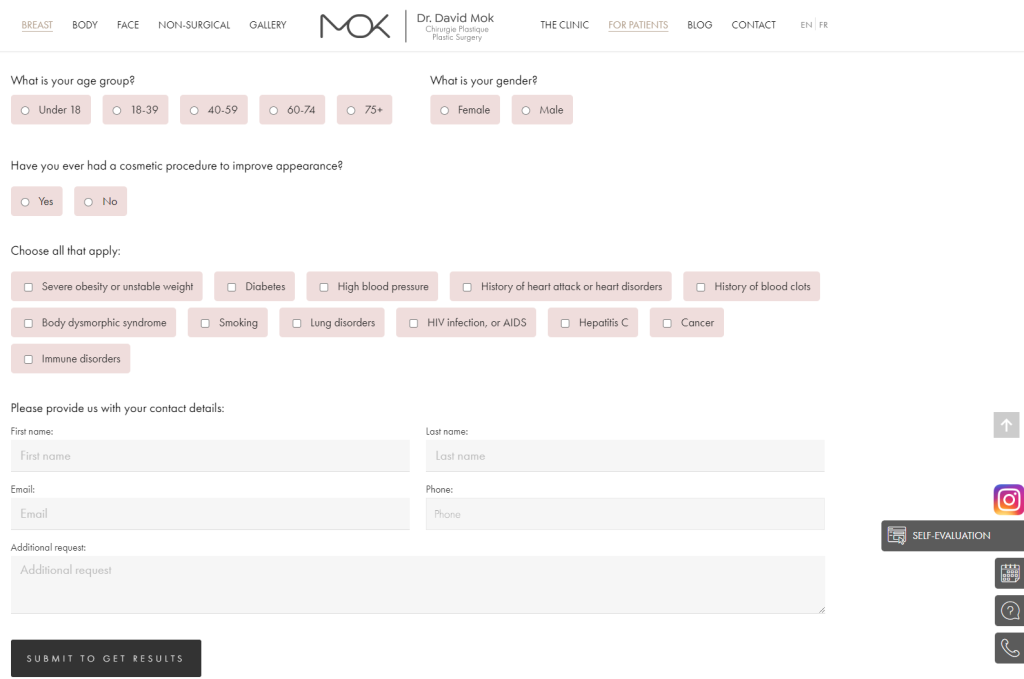 an example of patient data gathering form for email campaign on the website of a plastic surgery clinic