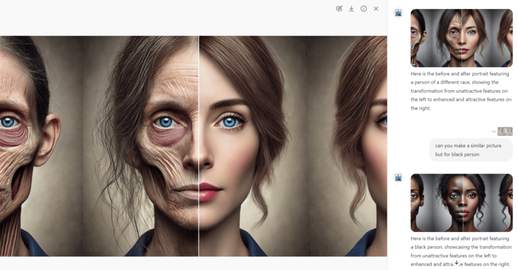 we don't recommend using AI to generate before and after photos for your cosmetic surgery marketing strategies - the results look weird