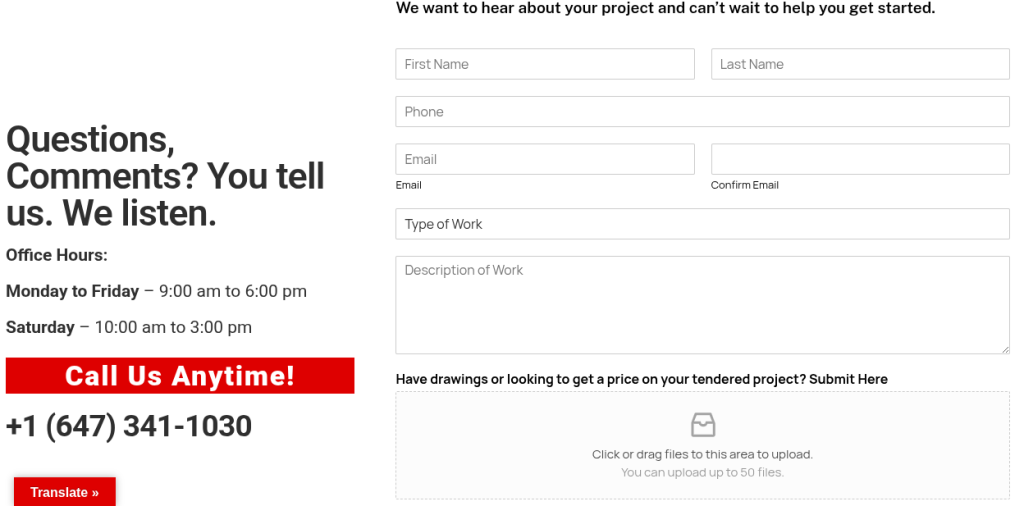 A contractor’s contact us page.