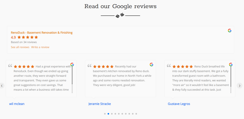 Google reviews displayed on a contractor website.