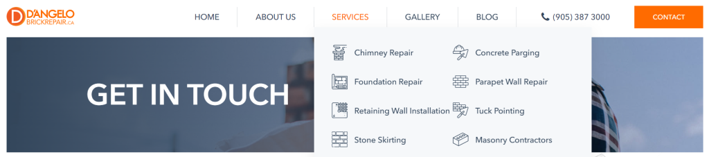 A contractor business website displays service pages in a navigation menu.