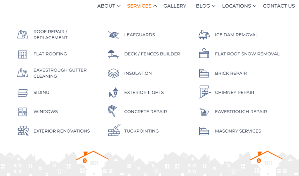 Roofing marketing: list of roofing services listed on the website
