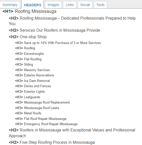 an example of roofing seo headers