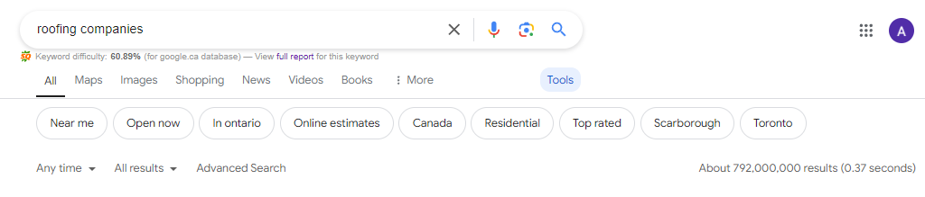 search results in google for roofing companies