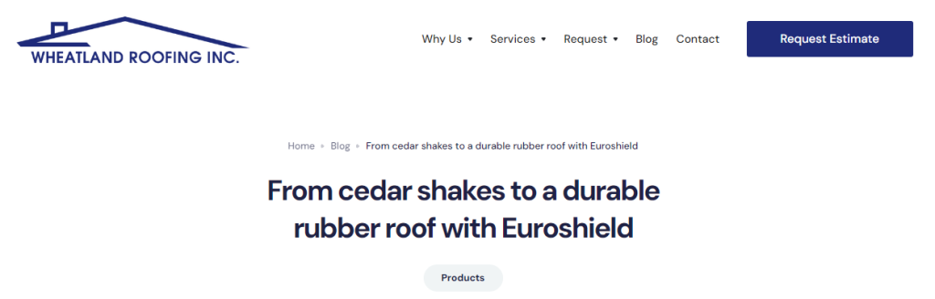 an example of breadcrumbs navigation in a roofing website
