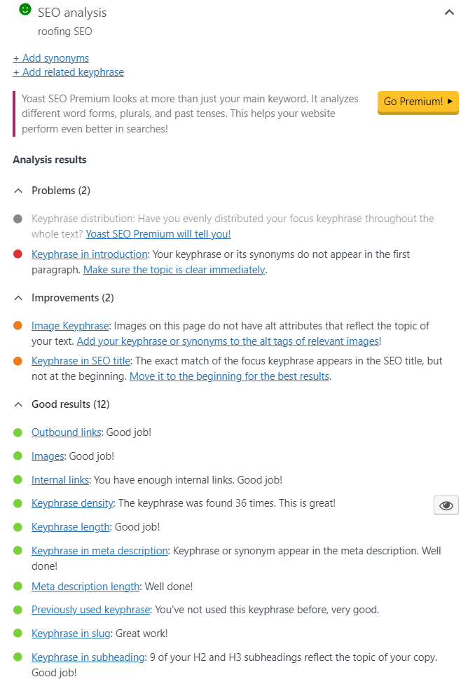 Wordpress SEO plugins like Yoast help you find the errors in your on-page SEO for roofing business
