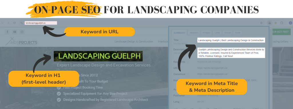 Keywords highlighted in different places on a landscaping website.