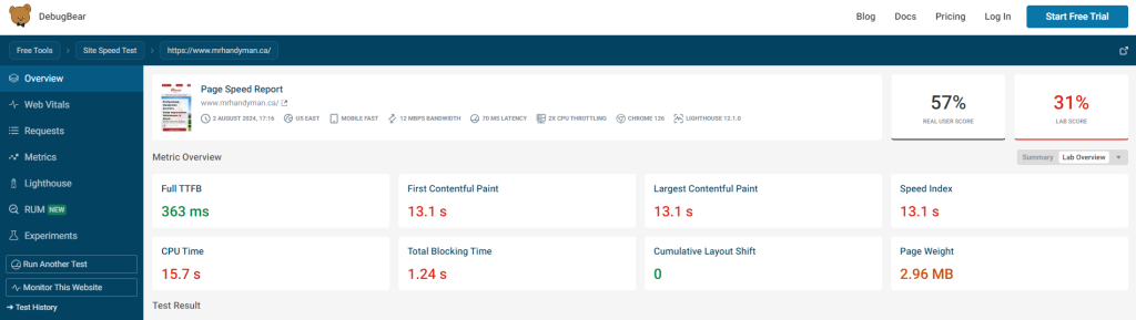 page speed test for SEO for contractor company