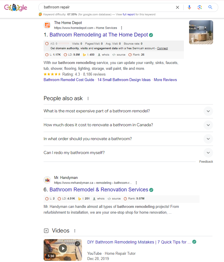 bathroom repair SERP features bathroom remodeling