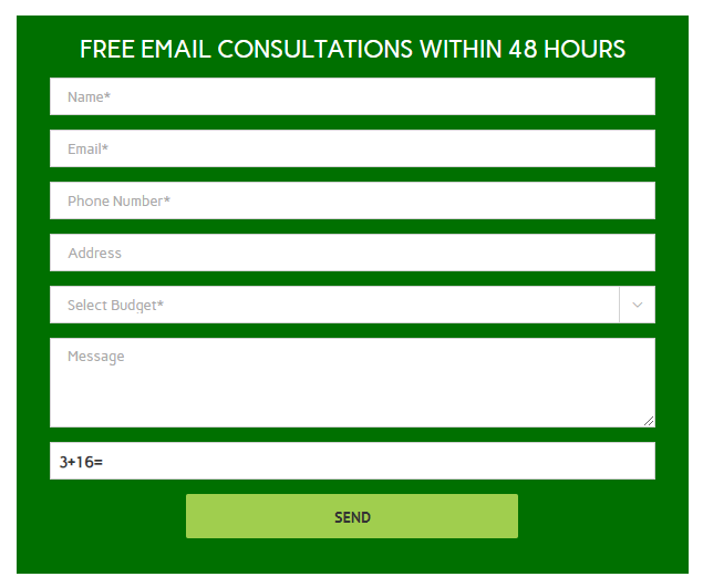 Contact form on a landscaping website.