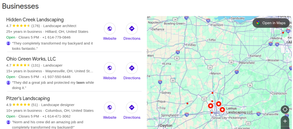 Landscaping businesses in a local search results page.