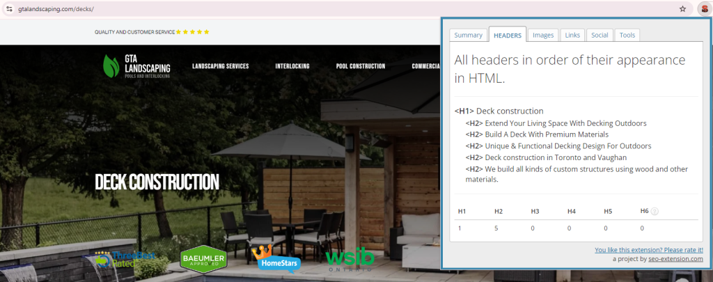 an example of headers of a service page on a landscaping business website