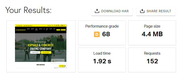 an example of Technical SEO for paving business: page speed test