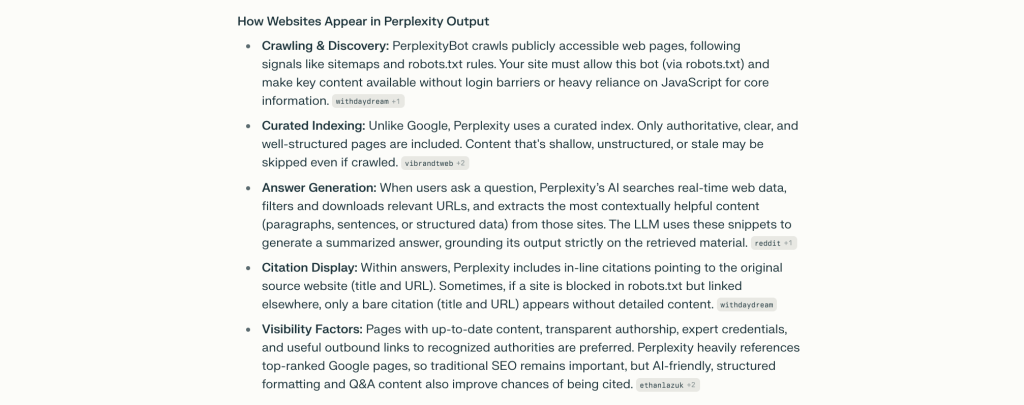 how do websites appear in perplexity output